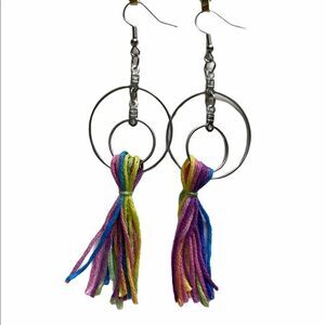 Rainbow‎ Tassel Fringe Double Hoop Earrings Silver